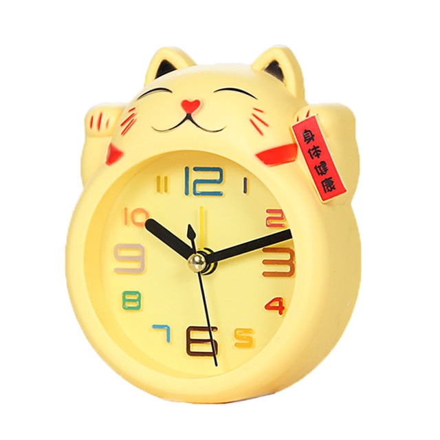 SHISUYAN 1pc Cat Alarm Clock Desk Clock Creative Cartoon Cat Shape Design Alarm (Yellow without Battery Random Font Style)