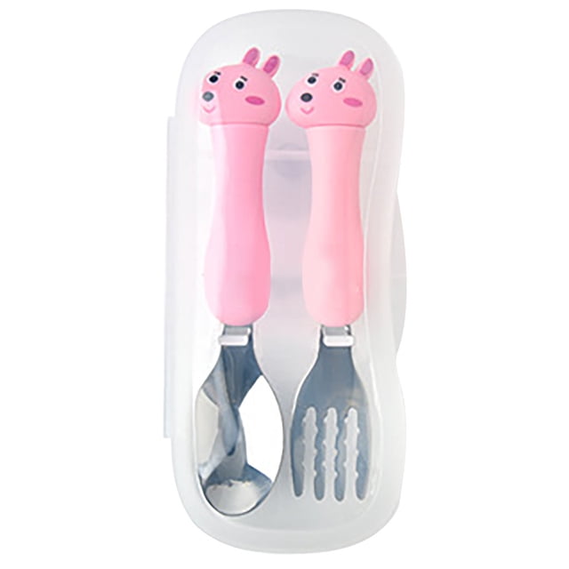Spoons and Forks Set Stainless Steel Tableware Set designed for toddlers, featuring pink animal-shaped handles for a fun and ergonomic grip. Includes one spoon and one fork made of food-grade stainless steel, stored in a clear plastic case for travel and daily use.