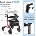 thumbnail image 2 of WalkMate Déambulateur à Roulettes pour Aînés avec Porte-Gobelet, Bouton Amélioré à Pression du Pouce pour le Réglage de la Hauteur, Aide à la Marche Pliable Légère avec Roues de 8 Pouces, Siège et Dossier Rembourré, Rouge, 2 of 9