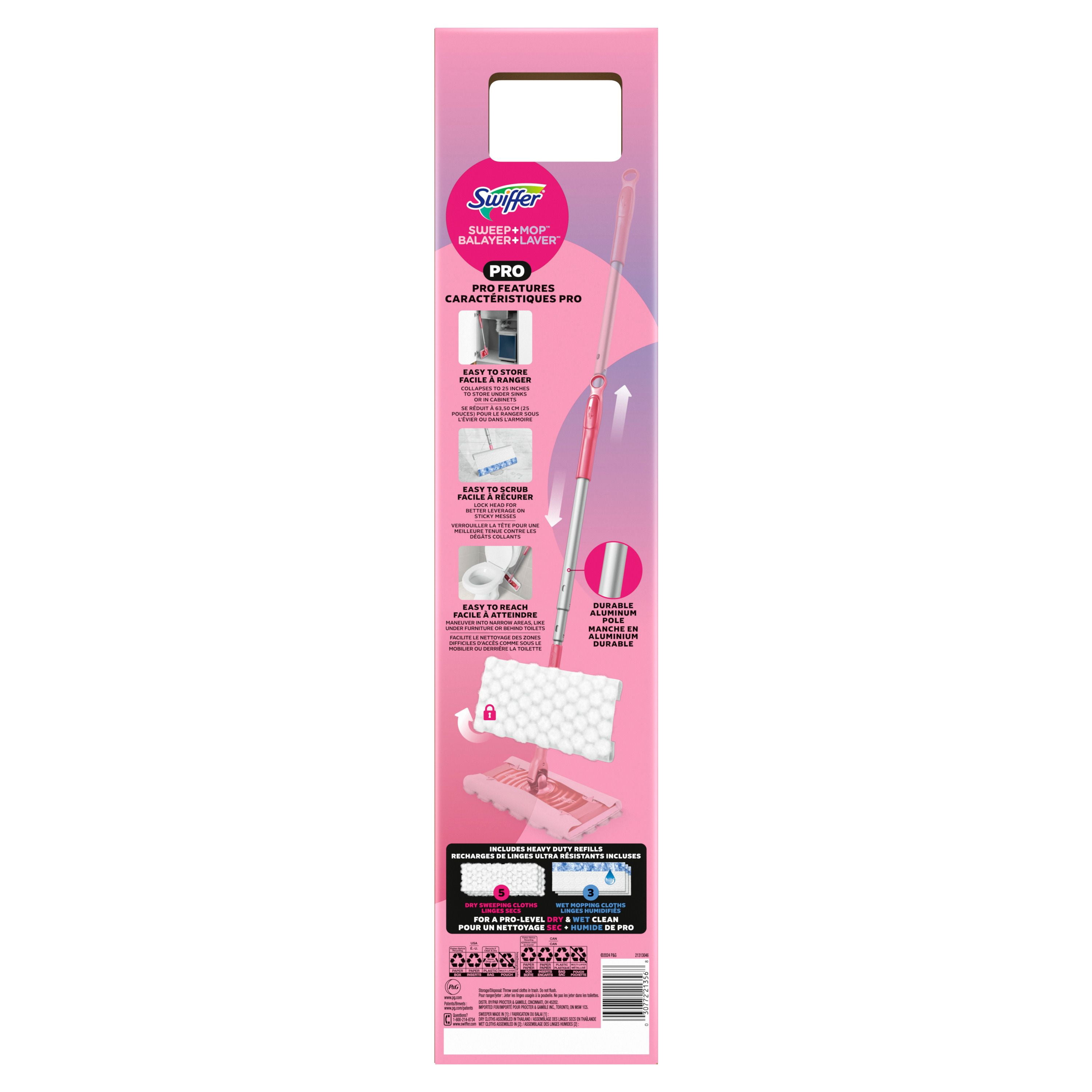 Swiffer Balayer et laver Pro, MÉCHANT SÉRIE Rose LIMITÉE, trousse pour balayage et de lavage 2 en 1 pour les planchers, trousse de nettoyage multi-surfaces, la trousse comprend 1 balai, 5 linges secs