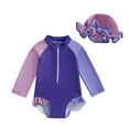 thumbnail image 1 of Girls Long Sleeve Hooded Color Block Swimsuit for Kids Soft Stretch Rash Guard Bathing Suit for Summer, 1 of 3
