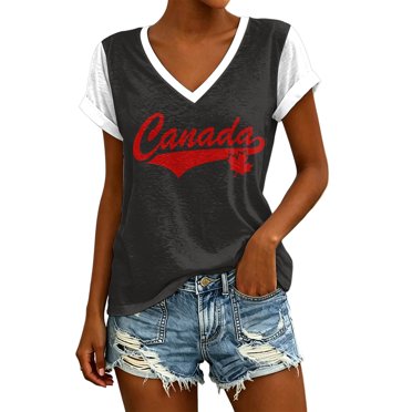 T-shirt Canada à Manches Courtes Feuille d'Érable T-Shirts Basiques Haut d'Été Hauts pour Femmes Chic Décontracté