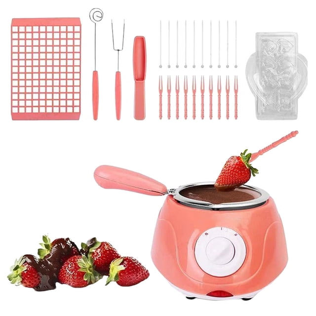 Bakeware Chocolate Melter Hot Chocolate Melting Pot Fondue Machine Kitchen Tool with DIY Mould Set for Candy Making. A pink electric fondue pot with a control dial, surrounded by chocolate-dipped strawberries. Includes a DIY candy mould set with tools for creating custom chocolates and desserts.