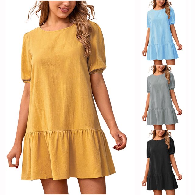 Gspmoly Robes d'Été pour Femmes, Robe d'Été Ample pour Femmes en Coton et Lin à Col Rond à Manches Courtes, Robes de Soirée pour Femmes en Liquidation