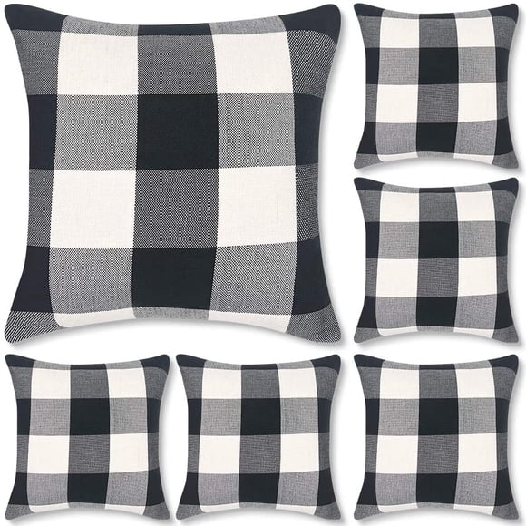 Set of 6 Buffalo Check Plaid Throw Pillow Covers 18x18, Farmhouse Square Decorative Pillow Covers for Home Decor, Cushion case Black and White
