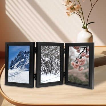 Hinged Photo Frame Wood Rectangle Picture Frame 4x6 for Bedroom Desk Desktop Black Triple Fold