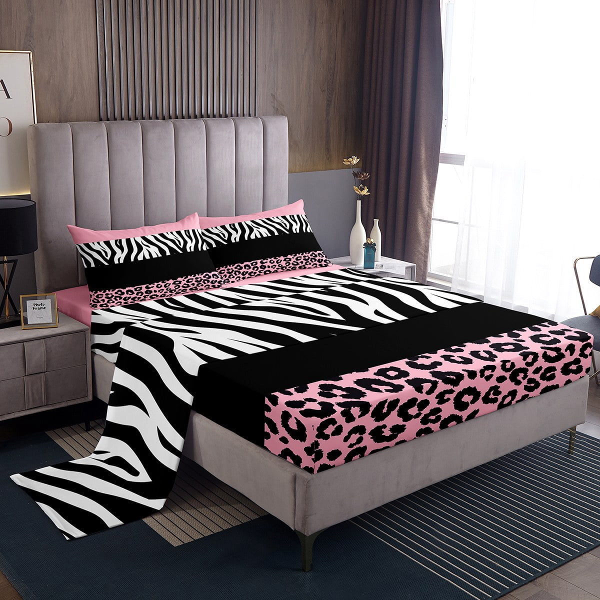 Erosebridal Grey Cheetah Print Queen Sheet Sets, Rustic Animals Bedding Queen Size, Zebra Room Decor, 4pcs
