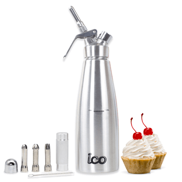 ICO Distributeur Professionnel de Crème Fouettée en Acier Inoxydable de 1 Quart pour Crème Fouettée Maison, Machine à Crème Fouettée pour Desserts, Trempettes, Sauces et Liqueurs Infusées, 1 Quart