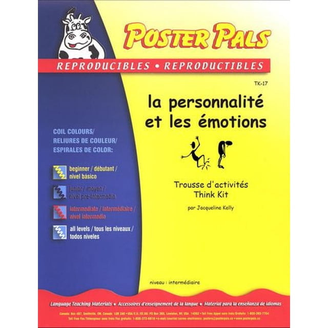 Activités d'Enseignement en Français Reproductibles pour la Salle de Classe FSL - Couverture ma personnalité Mettant en Vedette Poster Pals avec un logo de Vache de Dessin Animé sur un Fond Jaune et Bleu, Affichant des Niveaux de Compétence Codés par Couleur du Débutant à Tous les Niveaux, et Texte Français sur la personnalité et les Émotions par Jacqueline Kelly, Idéal comme Matériel d'Enseignement et d'Apprentissage des Langues.