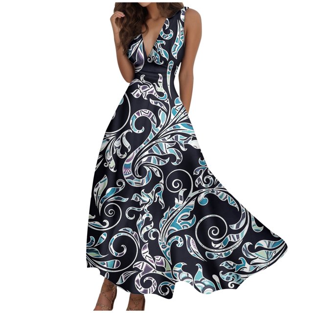 TJAZFJPA Robe de Collation des Grades pour Femmes Mode pour Femmes Printemps et Été Imprimée Sans Manches Col en V Fermeture Éclair Latérale Style Robe (5) Robes de Maternité pour Femmes Longue Robe Noire