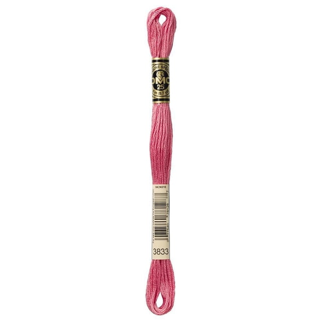 DMC Pink Cotton 6 Strand Floss 8m showing a skein of pink embroidery floss made from 100% long staple Egyptian cotton, double mercerized for sheen, with 6 easily separated strands, ideal for cross-stitch, needlepoint, and scrapbooking, colorfast and fade resistant.