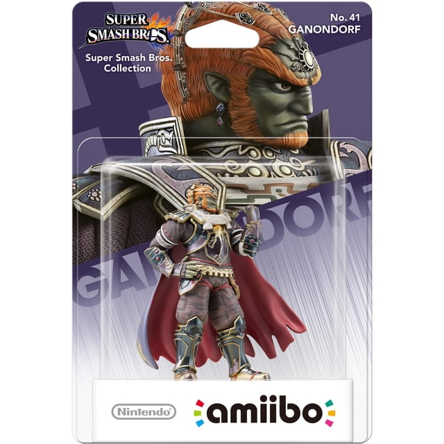 Ganondorf Amiibo de la Série Super Smash Bros. par Nintendo, Présenté dans Son Emballage. la Figurine Met en Valeur Ganondorf en Armure Complexe avec une cape Rouge, Prenant la Position Puissante. Conçue pour les Jeux Toys to Life, Elle Est compatible avec les Systèmes Wii U et Nintendo 3DS, Favorisant un Jeu Interactif et la Personnalisation des Personnages.