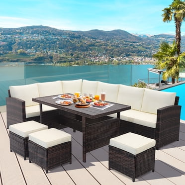 Costway Ensemble de Mobilier de Patio 7 Pcs en Rotin Sectionnel pour Causerie Canapé Table Basse Véranda