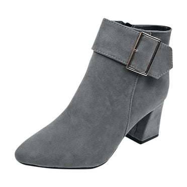 Pisexur Boots for Women Casual High Heel Zipper Ankle Boots Fashion Button Solid Color Chunky Heel Outdoor Booties for Women Ladies Black Boots Brown Boots Gray Boots on Clearance