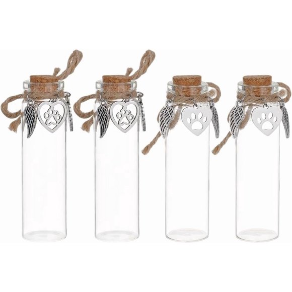 4 Pcs Bouteille Souvenir de Poils d'Animaux Chien Chat Mini Flacon en Verre avec Ailes d'Ange Médaillon de Fourrure d'Animal avec Ornements de Pattes en Cœur pour Perte de Poils Cadeau de Sympathie Stockage de Poils de Cendres d'Animaux