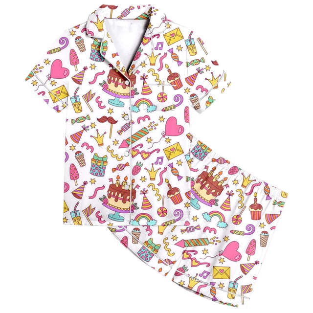 Luvoko Tween Kids Girls Cake Pattern Printed Short Sleeve Button Down Pajamas Shorts Set Sleepwear Outfits Baby Robe Girl Footless Pajamas Girl Elephant Baby Boy Clothes Wedding Robe Robe Kid Girls