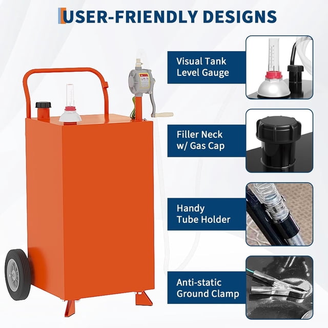 Royalbelle Panier à Carburant de 45 Gallons avec Roues et Pompe de Transfert Manuelle, Réservoir d'Essence Portable avec Pompe à Siphon Manuel Rotative Réversible, avec 2 Roues Roulantes en Caoutchouc Plein Sans Plat, Plus, Orange