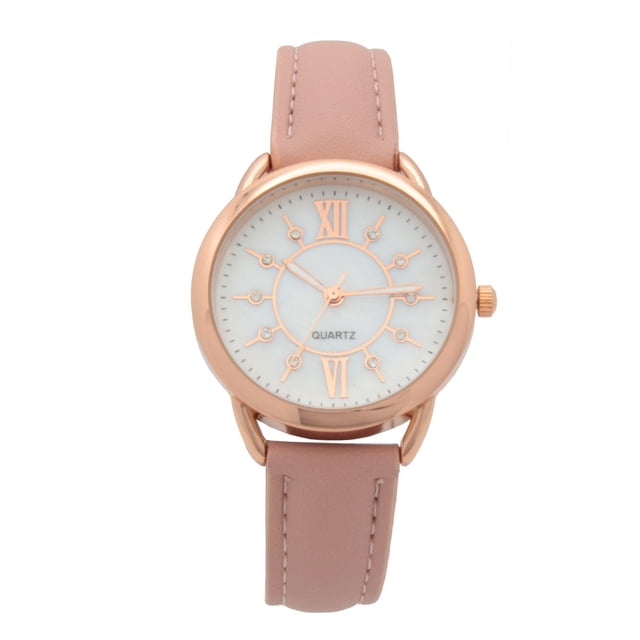 George Ladies Blush Strap Watch with a 32mm rose gold-tone metal case, white dial featuring rose gold Roman numerals at 12 and 6, crystal hour markers, and a blush PU leather strap with stitching. This analog watch has quartz movement and is ideal for everyday wear.