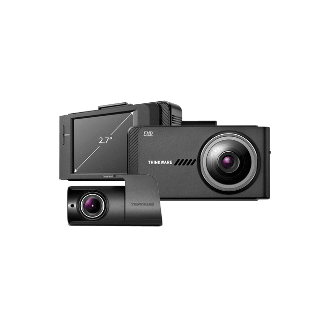 THINKWARE X700 Dual Dash Cam featuring front and rear cameras for cars, capturing 1080P FHD video. The dashboard camera includes a 2.7-inch LCD touchscreen for video playback and settings adjustment. Equipped with a Sony sensor, G-sensor, and optional GPS for tracking speed and route history. Features advanced driver assistance, night vision, and a 16GB memory card. Optional parking mode available.