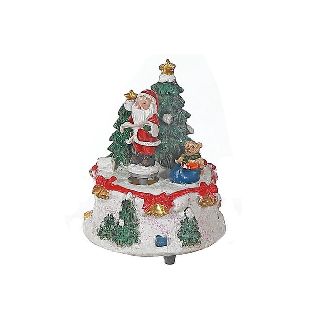 Boîte à Musique du Père Noël Polyresin Snow Montrant un Père Noël Orienté vers l'Avant en Rouge et Blanc sur une base Recouverte de Neige avec des Arbres de Noël Verts Surmontés d'Étoiles Dorées, un Ourson en Traîneau Bleu et un Ruban Rouge avec des Clochettes Dorées Autour de la base, Faite de Polyresin Mesurant 3,35 par 3,35 par 4,33 Pouces, Idéale pour la Décoration de Noël Intérieure et Convenant comme Ornement Festif de Table.