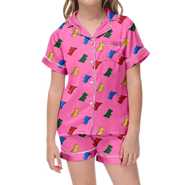 Floral Print Childrens Short Sleeve Button Down Pajama Set with Matching Shorts for Girls Nightwear Comfort