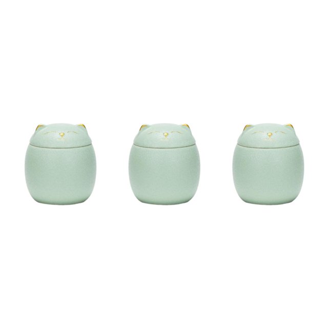 Transemion Pot à Thé en Céramique Portable Anti-Humidité Grande Capacité et Mignon Robuste et Durable en Céramique Forme de Chat Pots à Thé en Céramique Vert 500ml 3ensemble