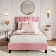 thumbnail image 1 of Twin Size Bed Frame with Adjustable Headboard, Linen Upholstered Full Platform Bedframe with Strong Wooden Slats, Mattress Foundation, No Box Spring Needed, Easy Assembly, Pink, 1 of 7