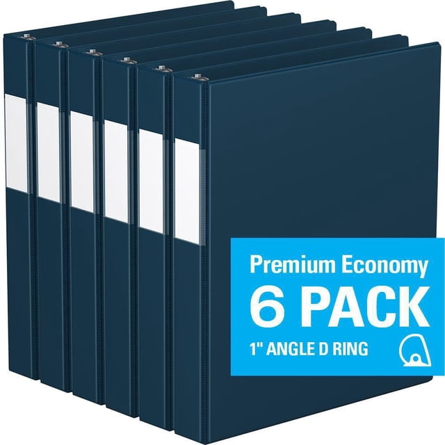 Davis Group Premium Economy D Ring Binder 6 Pack, 1 inch, six dark blue binders with white spine label holders and clear interior pockets on front and back covers to secure documents, suitable for office supplies and document organization.