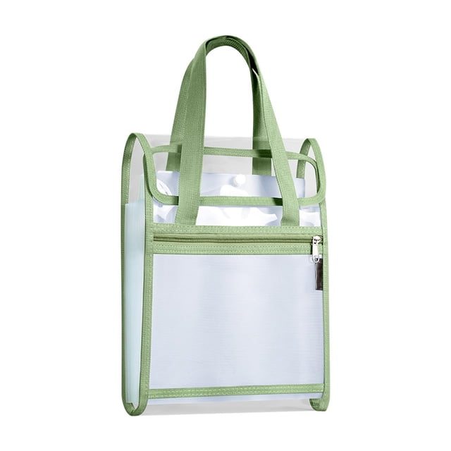 Green Double Layer Handheld Document Storage Tote Bag, Clear PVC Mesh Large Capacity Portable File Organizer with Front Zipper Pocket for Office Daily Use