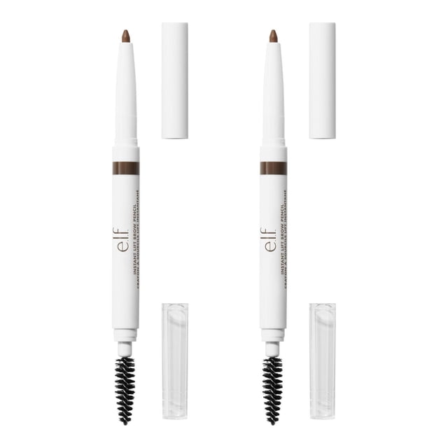 e.l.f. Cosmetics Instant Lift Brow Pencil two-pack showing dual-ended white retractable pencils with brown creamy tips and black spoolie brushes, each with separate white and clear caps, designed for precise eyebrow shaping and smudge-resistant color application.