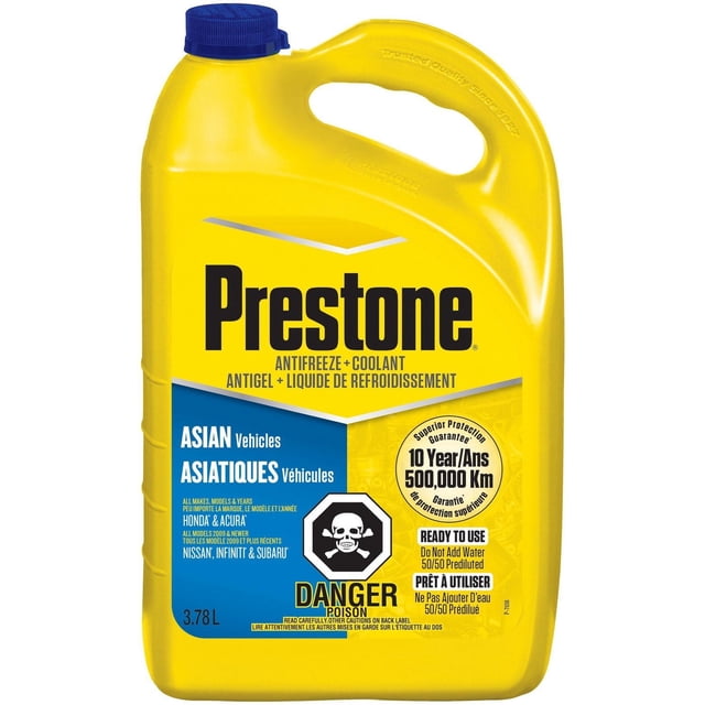 Prestone Max Antifreeze + Coolant RTU Blue 3.78L yellow plastic jug with blue cap, designed for Asian vehicles including Honda, Acura, Nissan, Infiniti, and Subaru. Provides 10-year or 500,000 km corrosion protection with ready-to-use 50/50 prediluted formula that enhances cooling system efficiency.