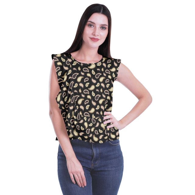Moomaya Printed Sleeveless Ruffle Tops Women Round Neck Crop Top Casual Tank Top