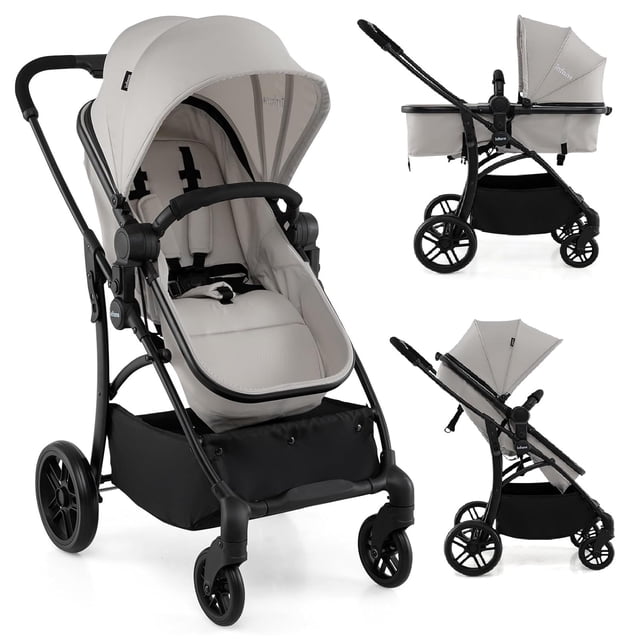 INFANS 2 in 1 Baby Stroller in grey, featuring a convertible design with a bassinet and reversible seat. The stroller includes a 138° adjustable backrest, a 3-position UV canopy, and a one-hand folding mechanism for compact storage. Equipped with EVA shock-absorbing wheels, 360° swivel front wheels, and a one-touch brake for smooth rides on various terrains. Made with breathable Oxford fabric and an aluminum alloy frame, it supports up to 33 lbs and is suitable for newborns to 36 months. Includes a storage basket and detachable handrail.