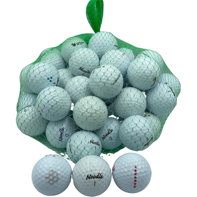 Golf Ball Planet 50 Pack Noodle Mix Recycled Golf Balls in 4A/Near Mint condition. The image shows a green mesh bag containing 50 white golf balls with visible Noodle branding, some featuring player markings, logos, and minor scuffs. These used golf balls are washed and graded for quality, suitable for recreational or practice use.