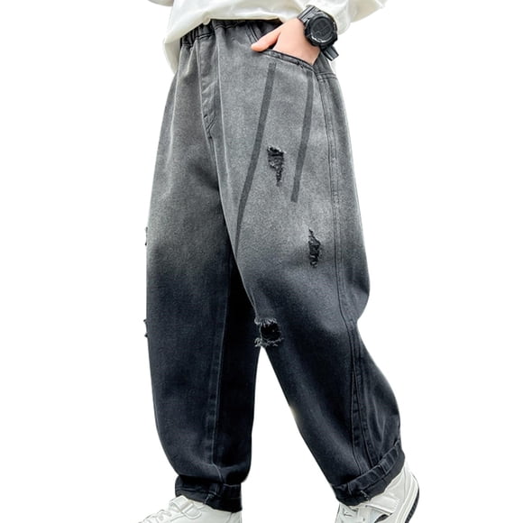 PMVFHDE Kids Trousers Boys' Jeans Children's Baggy Jeans Cargo Trousers Relaxed Denim Trousers With Elastic Waistband Black,7-8 Years