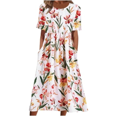Pisexur Robe T-Shirt d'Été pour Femme, Décontractée, Florale, Col Rond, Manches Courtes, Robe Évasée, Taille Empire, Robe Maxi avec Poches