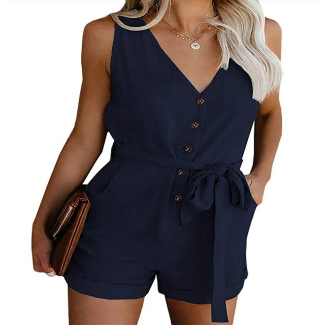 Women Solid Color Rompers Deep V Neck Sleeveless Short Jumpsuits for Female Playsuit