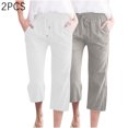 thumbnail image 2 of Timegard 2pc Capri Pants for Women Cotton Linen Elastic Waist Loose Lounge Crop Pants Pockets Solid Color, 2 of 7