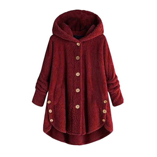 Qertyioot Women Plus Size Button Plush Tops Hooded Loose Cardigan Wool Coat Winter Jacket