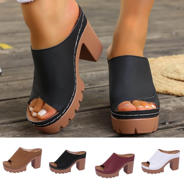 Jovati Pantoufles à Bout Ouvert pour Femmes Printemps Été, Talon Bloc Épais, Tige en PU, Bout Ouvert, Conception Respirante Perforée, Tenue Décontractée d'Extérieur