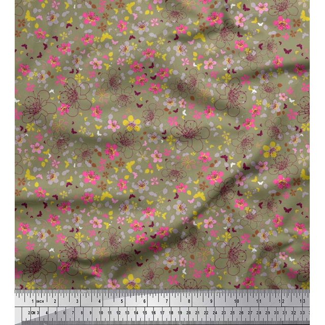 Soimoi polyester Crepe Fabric Leaves,Butterfly & Flower Floral Print Fabric by Yard 42 Inch Wide