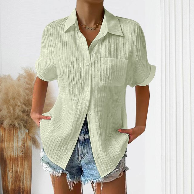 Styesk Womens Tops Women's Summer Solid Color Lapel Short Sleeved Loose Button Shirt Top