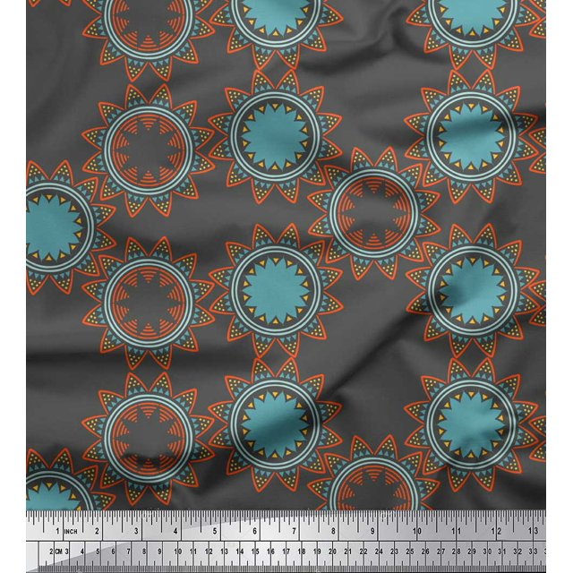 Soimoi Gray Poly Georgette Fabric Sun Mandala Decor Fabric Printed Yard 52 Inch Wide
