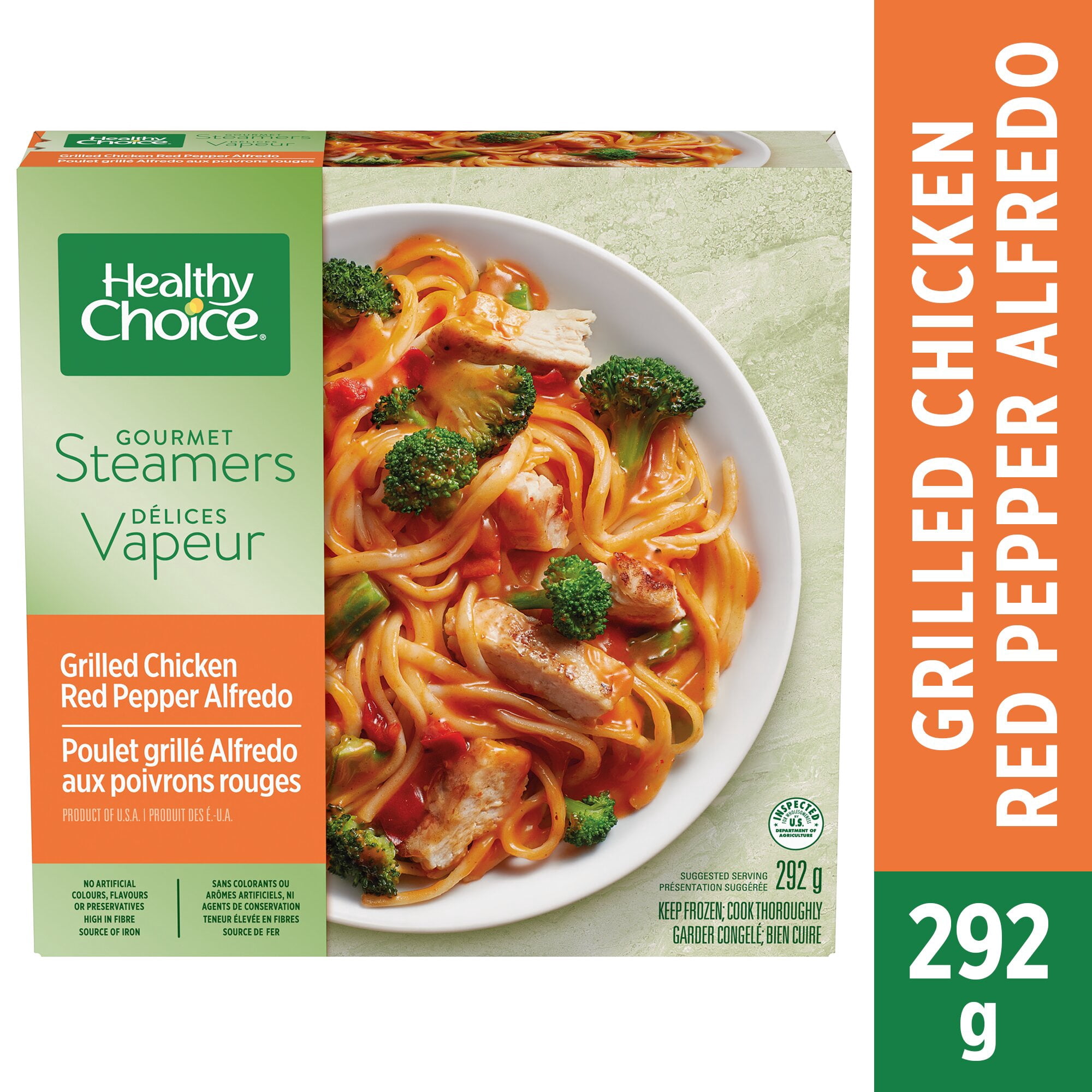 Healthy Choice Gourmet Steamers Grilled Chicken Red Pepper Alfredo Frozen Dinner with Chicken Breast, Pasta, Broccoli and Red Pepper Alfredo Sauce, No Artificial Flavours, No Preservatives, Frozen Meal, 292g