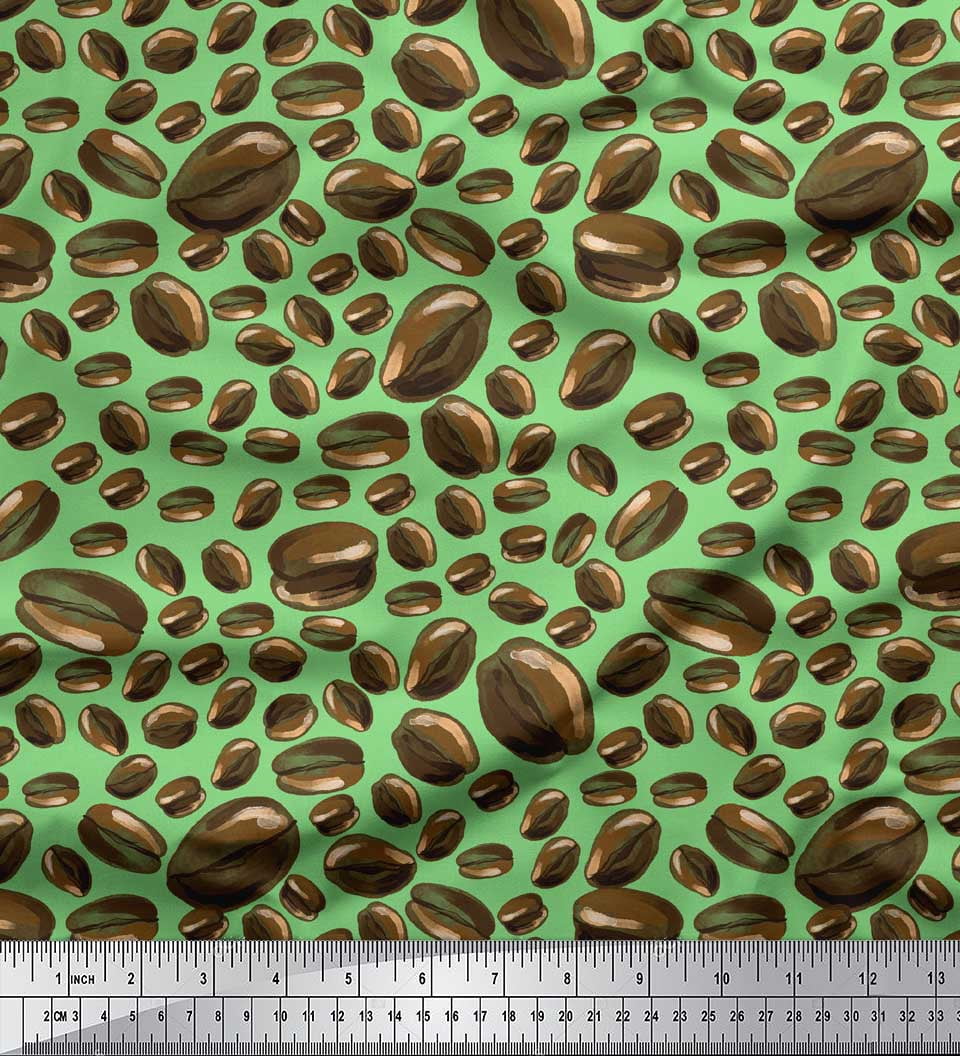 Soimoi Green Rayon Crepe Fabric Coffee Beans Food Print Fabric by the Yard 46 Inch Wide