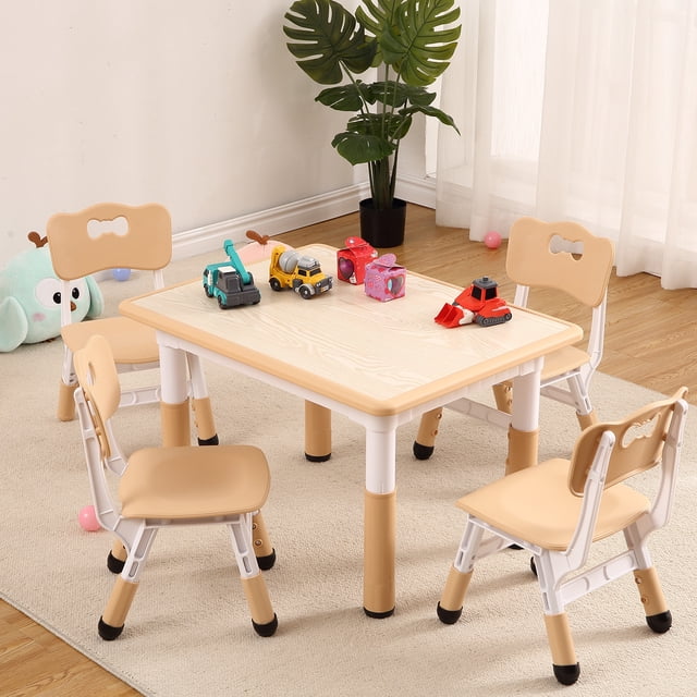 Kids Table and 4 Chairs Set,Height Adjustable Toddler Table and Chair Set for Ages 2-10,Children Multi-Activity Table for Classrooms Daycares Home,Wood