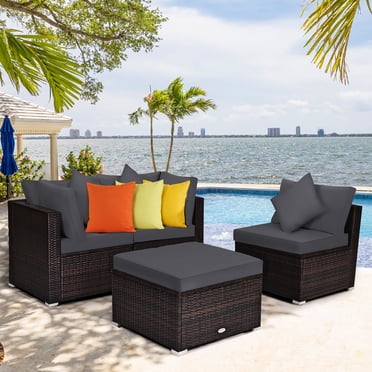 Costway Ensemble de Meubles en Rotin pour Patio 4 Pcs Canapé Ottoman Coussin Jardin Terrasse Gris
