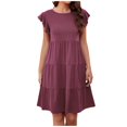 thumbnail image 2 of Femmes Été Volant Manches Mini Robe Couleur Unie Décontractée Swing Fluide une Ligne Plissé Plage Robe de Soleil, 2 of 7