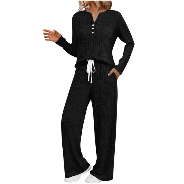 VINUSLI Ribbed Lounge Sets for Women 2 Piece Slouchy Sets Button Up Sweatshirt Matching Sweatpants Sweatsuits Outfits with Pockets Black,L