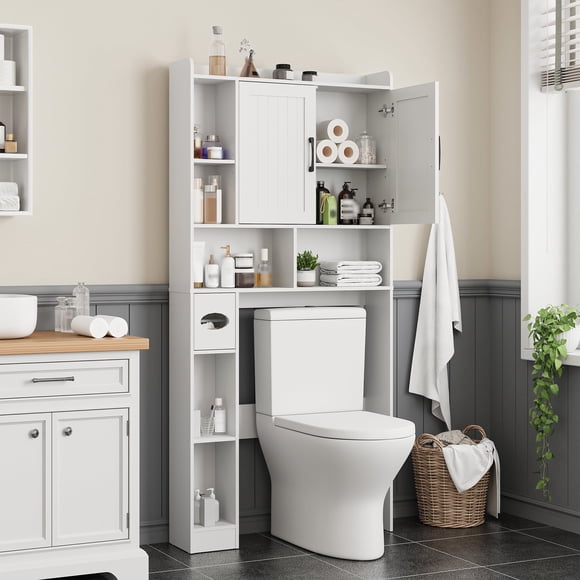 Vabches Over The Toilet Storage Cabinet, Farmhouse Storage Cabinet Over Toilet with 2 Barn Door & Toilet Paper Holder Stand,Home Space-Saving Toilet Rack for Bathroom, Restroom, Laundry